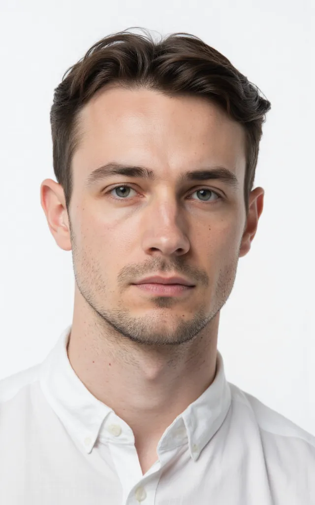 A French male model with a Receding hairline, wearing a shirt, against a white background, in a front   facing bust portrait